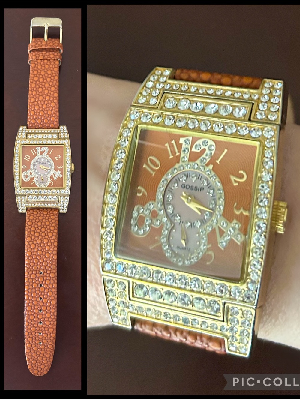 VINTAGE GOSSIP RHINESTONE WATCH WITH ORANGE TEXTURED STRAP